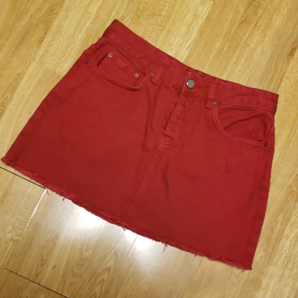 ASOS red denim mini skirt button fly raw hem sz 6